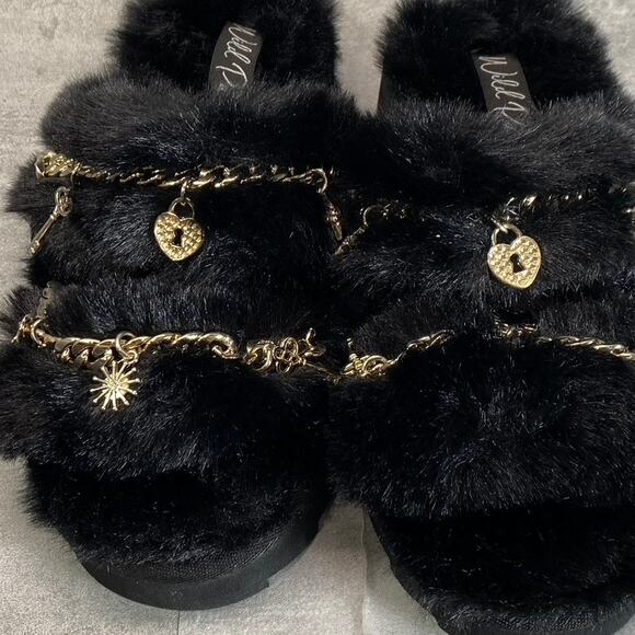 WILD PAIR Women's Black Paiyge Chain Faux-Fur Slide Slip-On Slippers SZ 6 - Picture 4 of 10